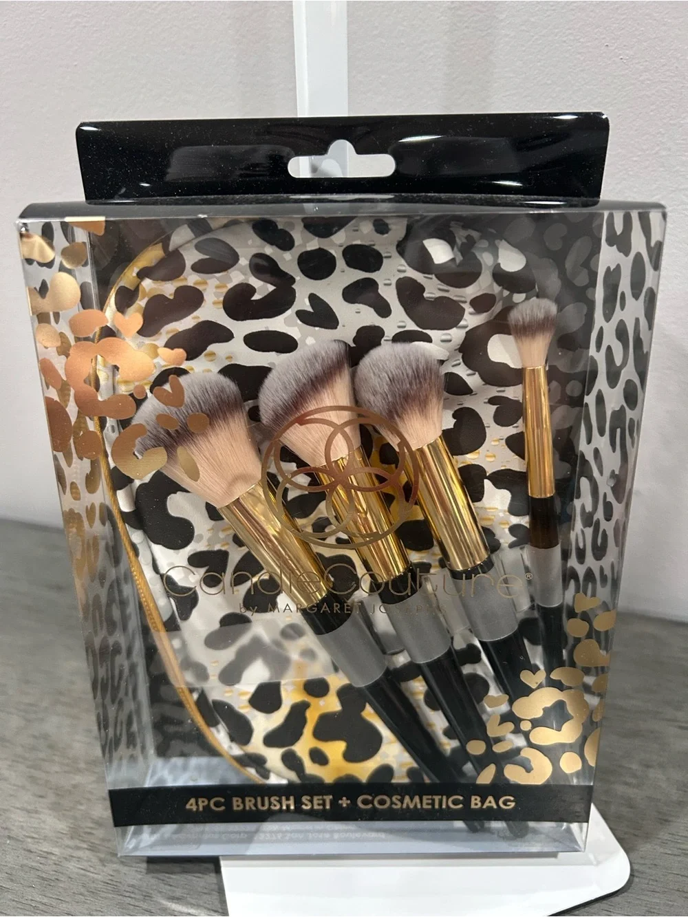 Glam Couture 4pc Gold & Black Makeup Brush Set with Leopard Cosmetic Bag